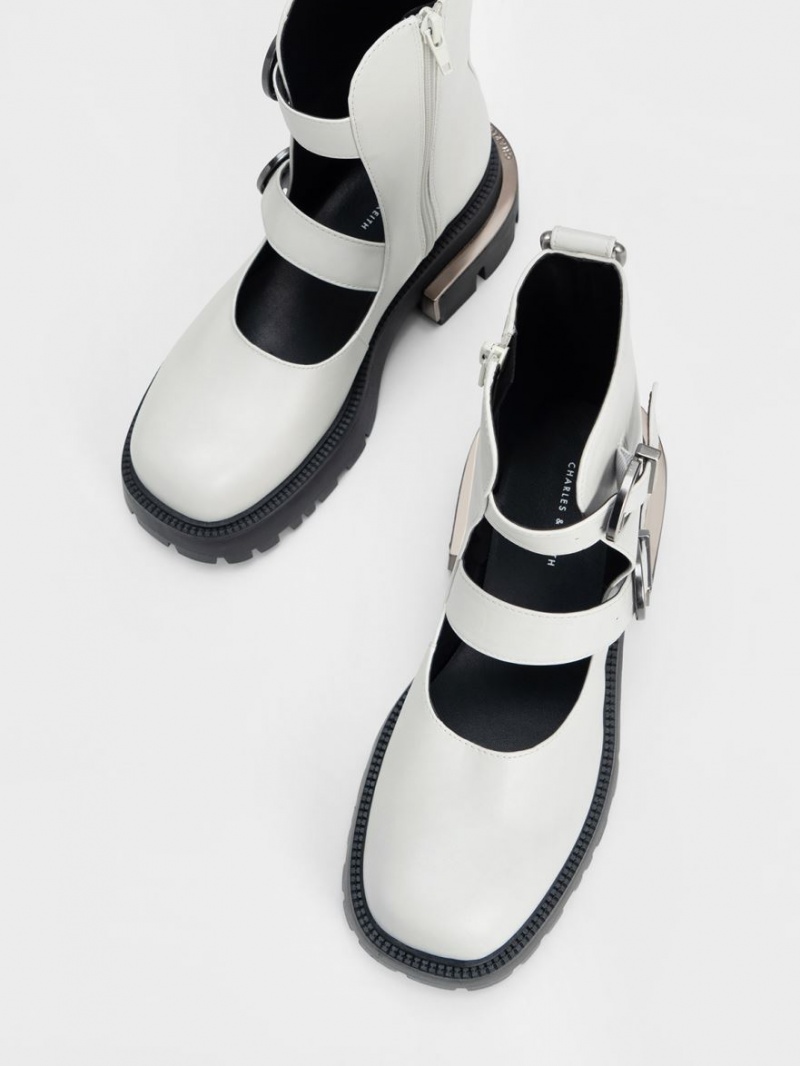 Charles And Keith Selma Buckled Chunky Boots White | PHILIPPINES R217