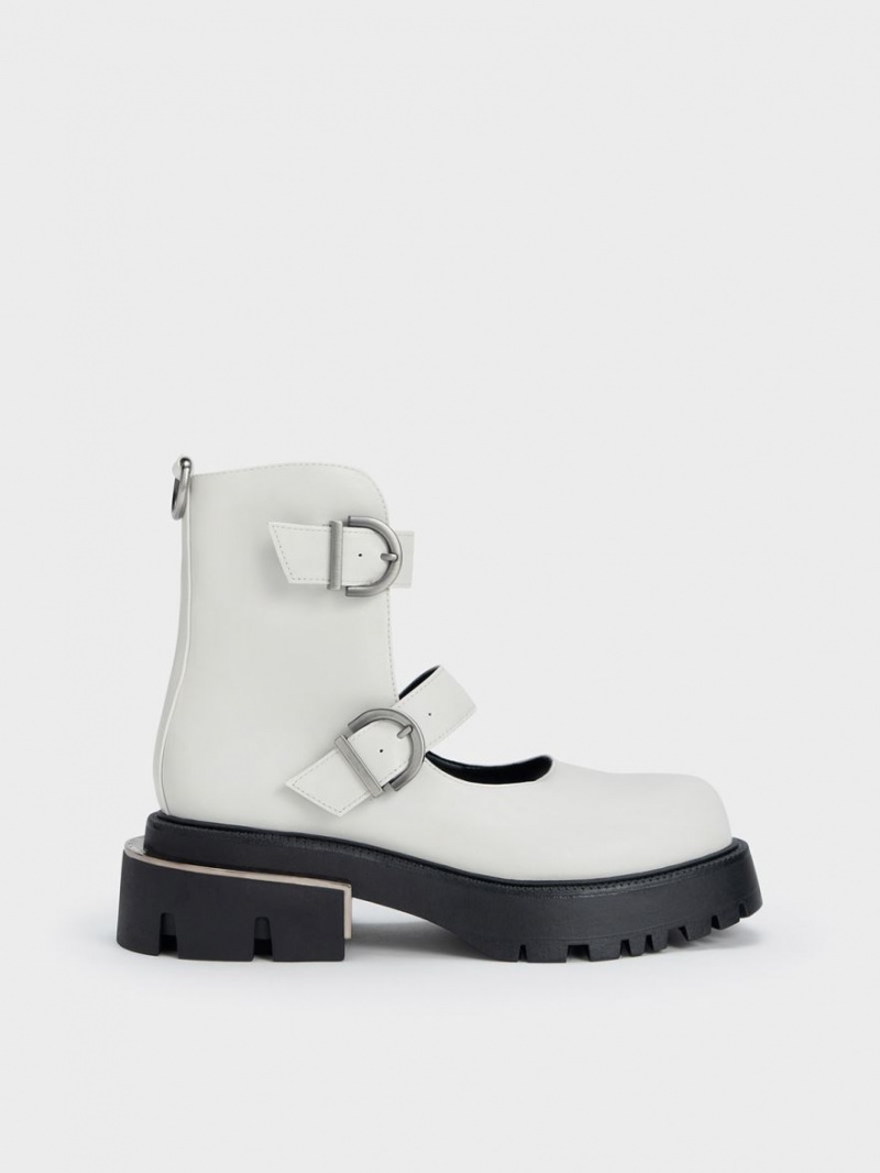 Charles And Keith Selma Buckled Chunky Boots White | PHILIPPINES R217