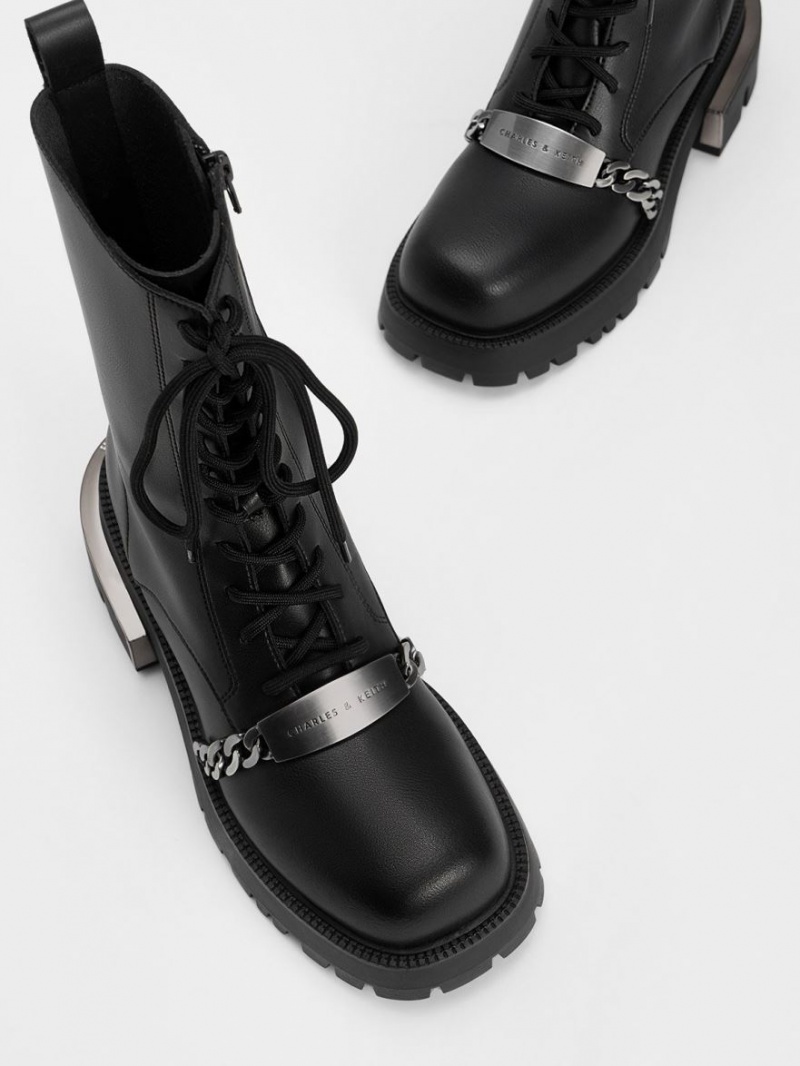 Charles And Keith Selma Metallic Accent Lace Up Boots Black | PHILIPPINES F637