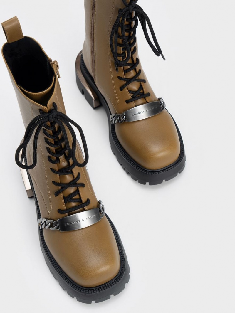 Charles And Keith Selma Metallic Accent Lace Up Boots Olive | PHILIPPINES O349