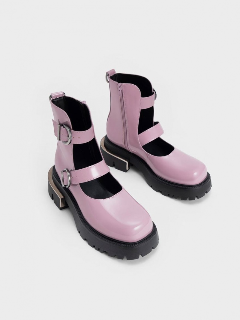 Charles And Keith Selma Patent Buckled Chunky Boots Purple | PHILIPPINES J370