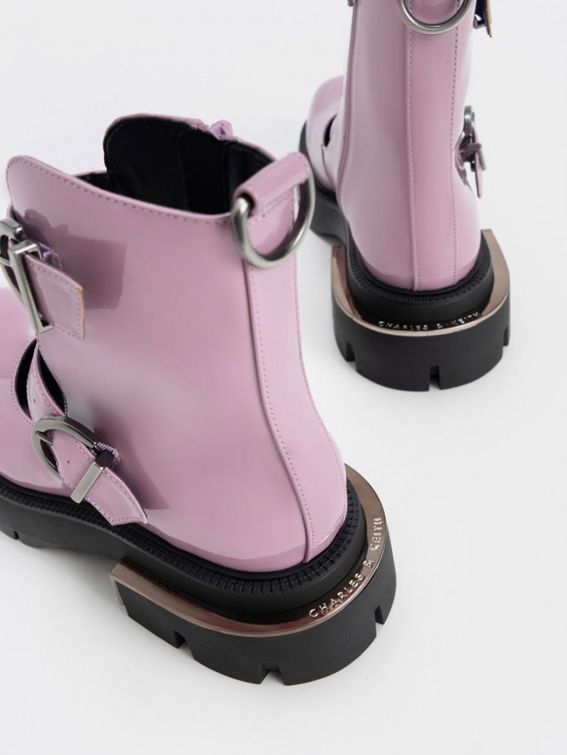 Charles And Keith Selma Patent Buckled Chunky Boots Purple | PHILIPPINES J370