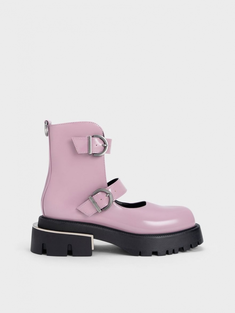 Charles And Keith Selma Patent Buckled Chunky Boots Purple | PHILIPPINES J370