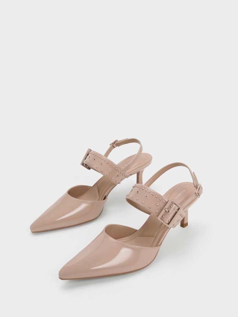 Charles And Keith Sepphe Grommet Patent Slingback Pumps Beige | PHILIPPINES M175