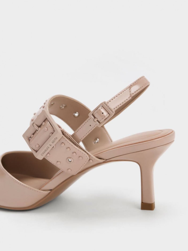 Charles And Keith Sepphe Grommet Patent Slingback Pumps Beige | PHILIPPINES M175