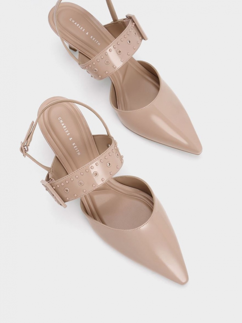 Charles And Keith Sepphe Grommet Patent Slingback Pumps Beige | PHILIPPINES M175