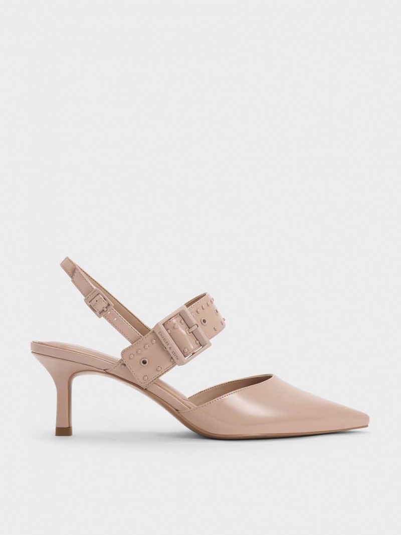 Charles And Keith Sepphe Grommet Patent Slingback Pumps Beige | PHILIPPINES M175