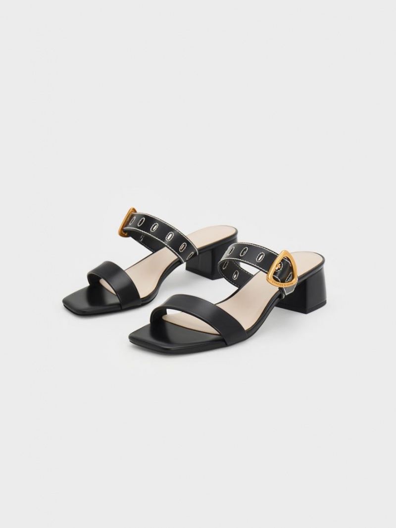 Charles And Keith Sepphe Metallic Buckle Heeled Mules Black | PHILIPPINES Z218