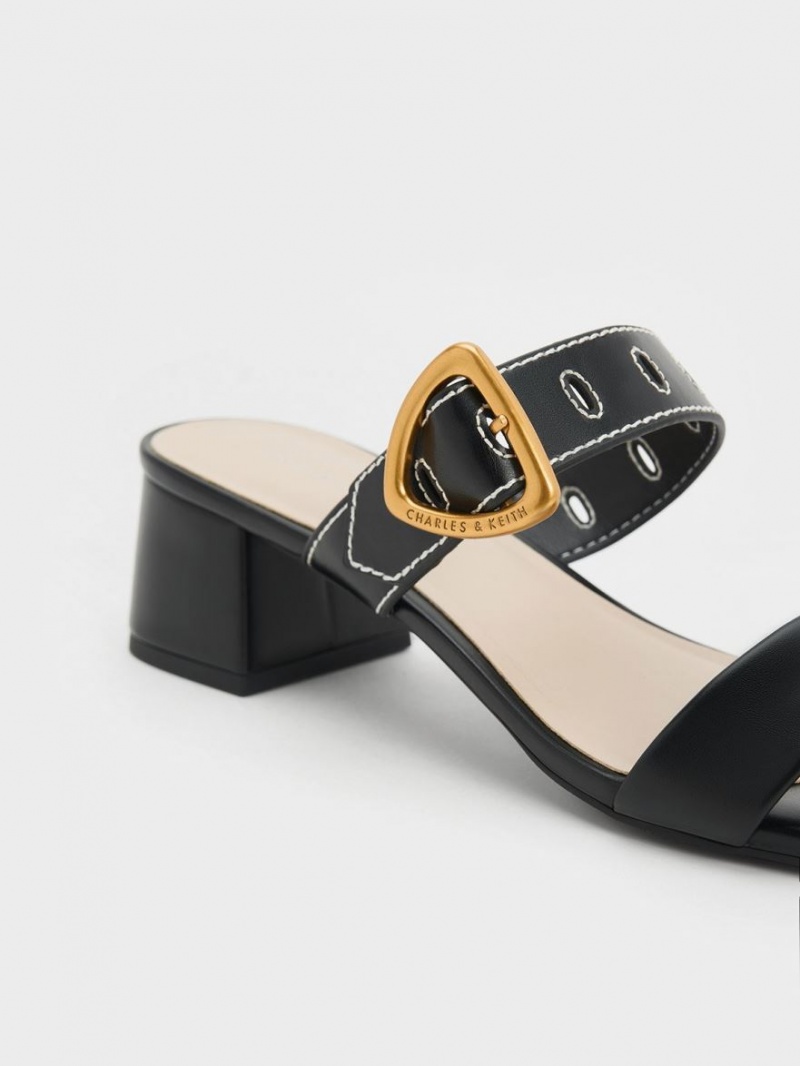 Charles And Keith Sepphe Metallic Buckle Heeled Mules Black | PHILIPPINES Z218