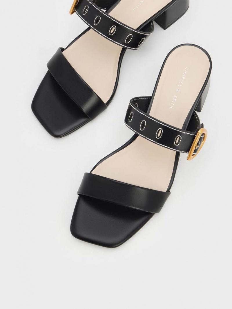 Charles And Keith Sepphe Metallic Buckle Heeled Mules Black | PHILIPPINES Z218