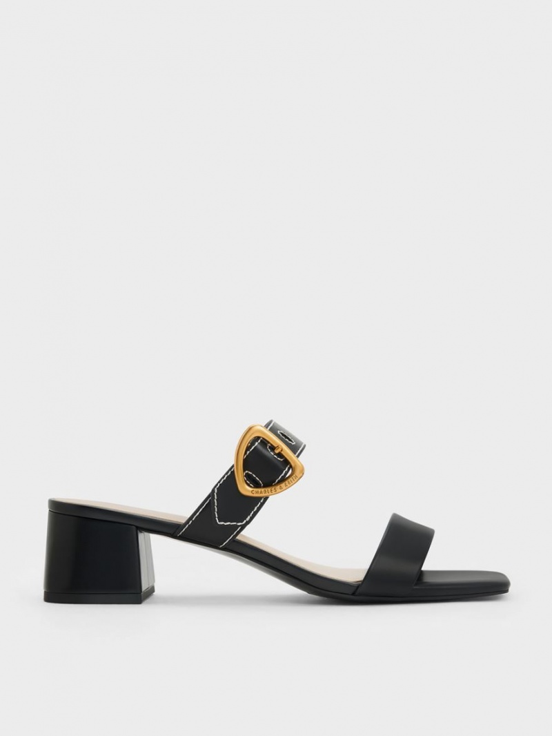 Charles And Keith Sepphe Metallic Buckle Heeled Mules Black | PHILIPPINES Z218