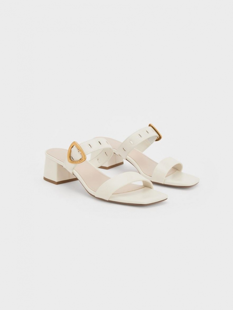 Charles And Keith Sepphe Metallic Buckle Heeled Mules White | PHILIPPINES O042