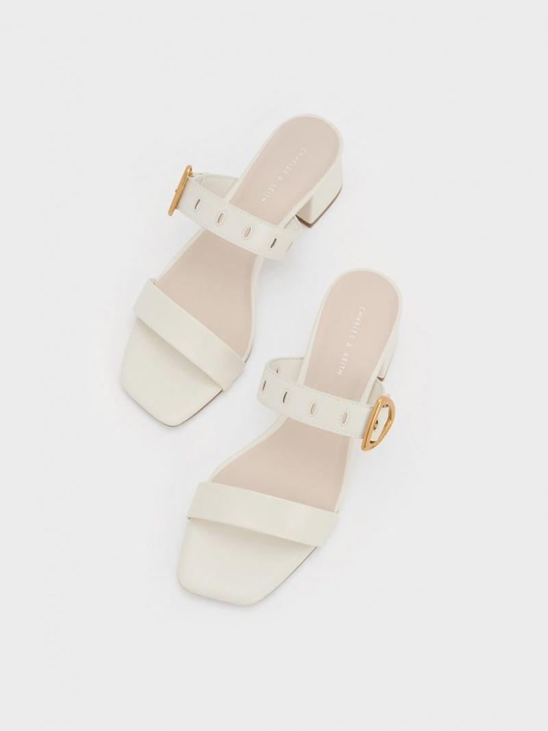 Charles And Keith Sepphe Metallic Buckle Heeled Mules White | PHILIPPINES O042