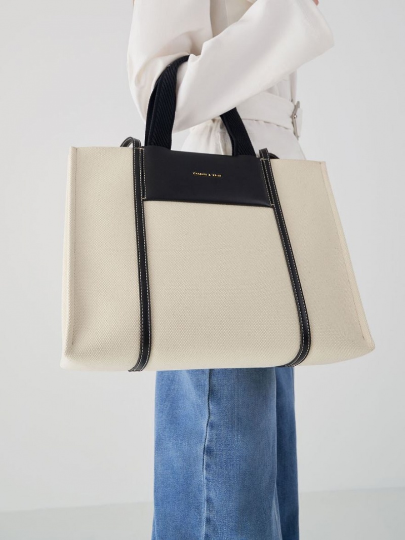 Charles And Keith Shalia Canvas Tote Bags Cream | PHILIPPINES Z210