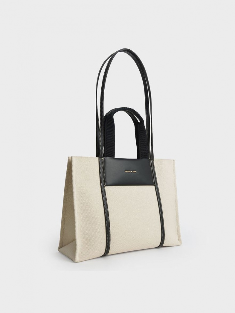 Charles And Keith Shalia Canvas Tote Bags Cream | PHILIPPINES Z210