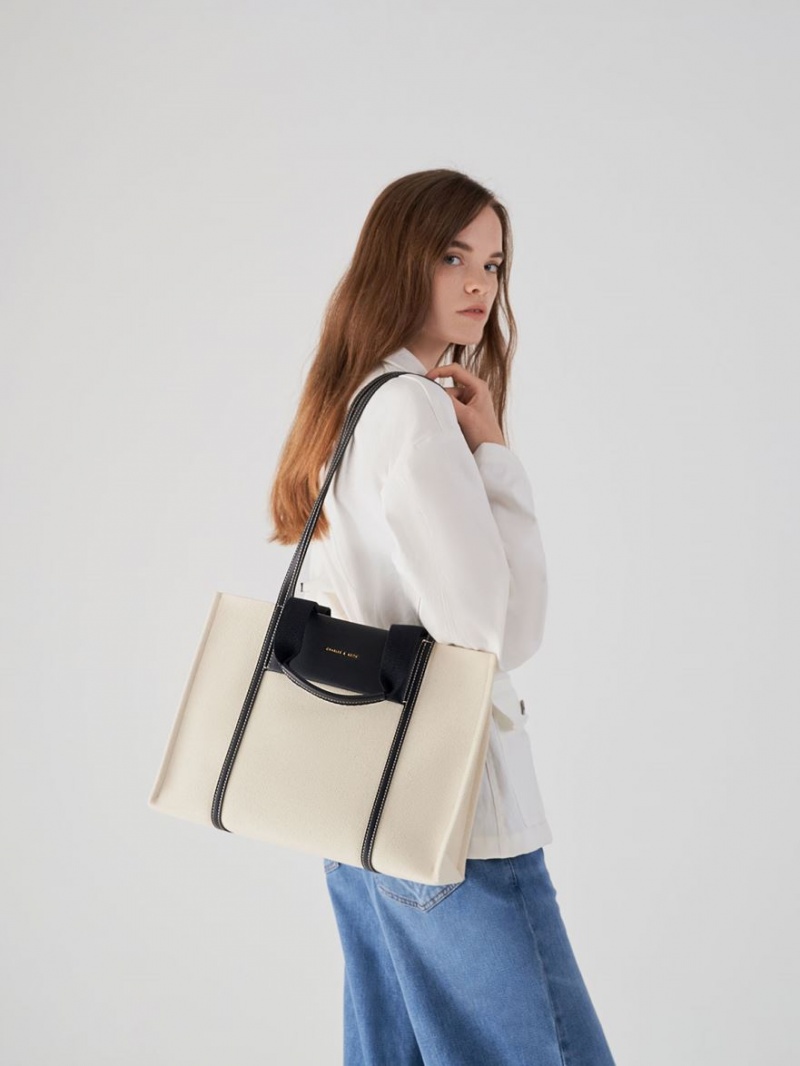 Charles And Keith Shalia Canvas Tote Bags Cream | PHILIPPINES Z210