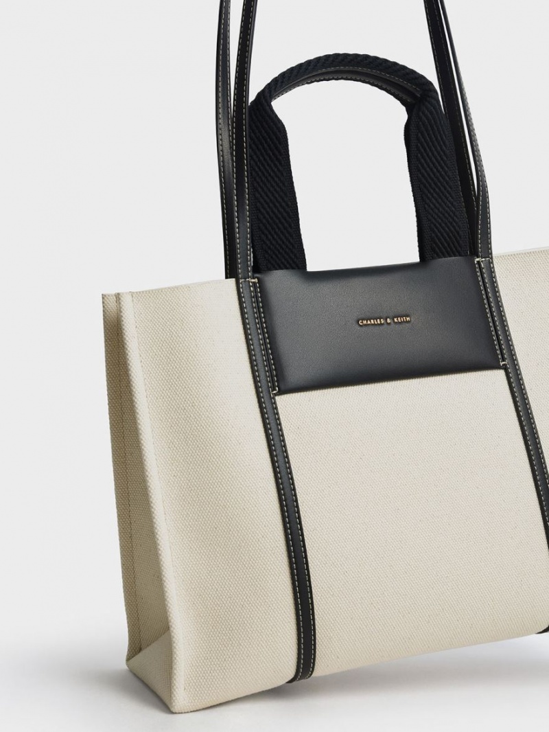 Charles And Keith Shalia Canvas Tote Bags Cream | PHILIPPINES Z210