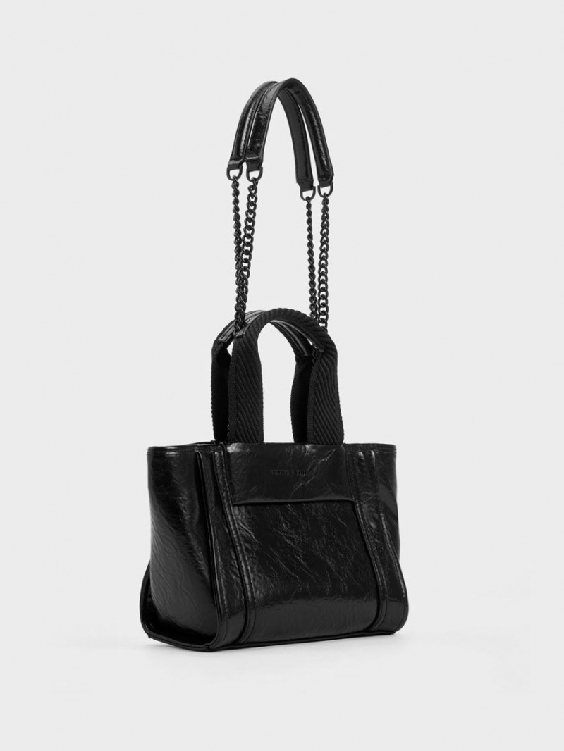 Charles And Keith Shalia Crinkle-Effect Chain-Handle Tote Bags Black | PHILIPPINES R598