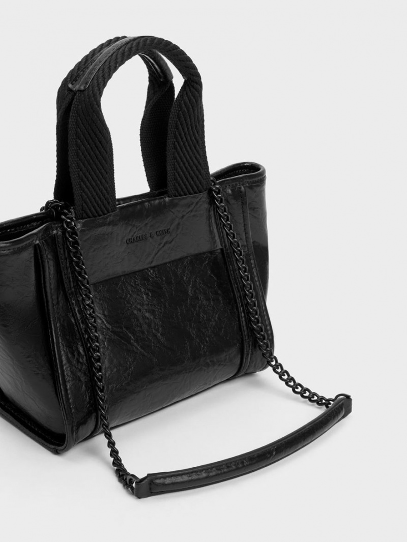 Charles And Keith Shalia Crinkle-Effect Chain-Handle Tote Bags Black | PHILIPPINES R598