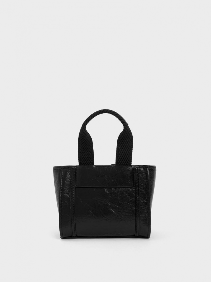 Charles And Keith Shalia Crinkle-Effect Chain-Handle Tote Bags Black | PHILIPPINES R598