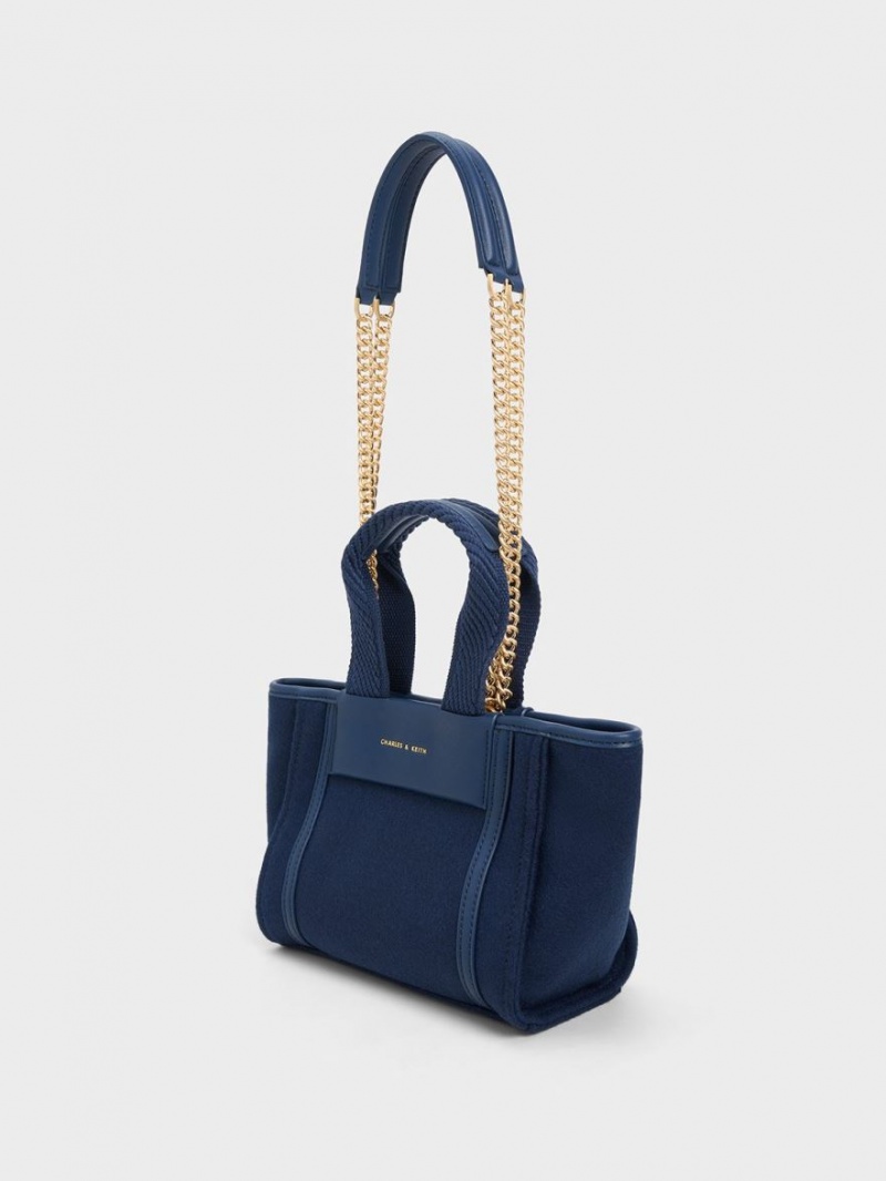 Charles And Keith Shalia Textured Chain-Handle Tote Bags Navy | PHILIPPINES W497