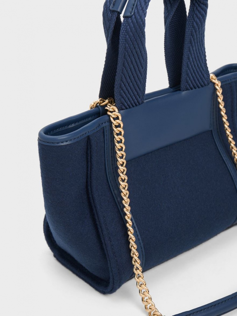 Charles And Keith Shalia Textured Chain-Handle Tote Bags Navy | PHILIPPINES W497