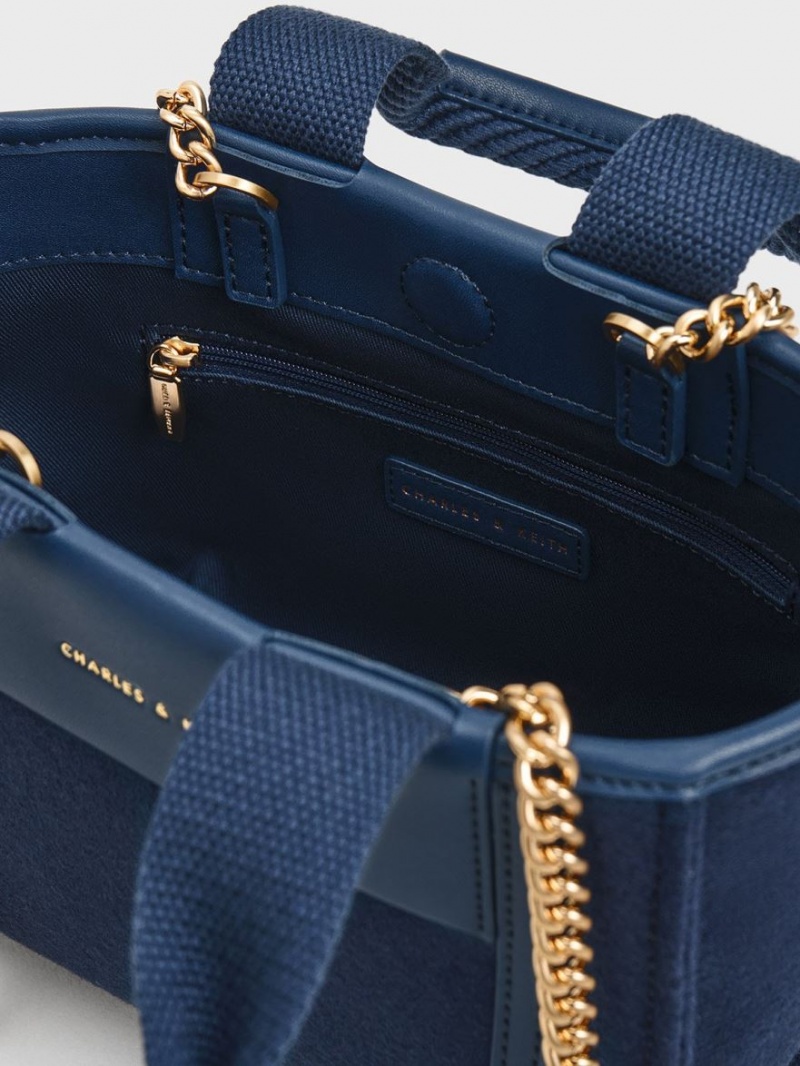 Charles And Keith Shalia Textured Chain-Handle Tote Bags Navy | PHILIPPINES W497