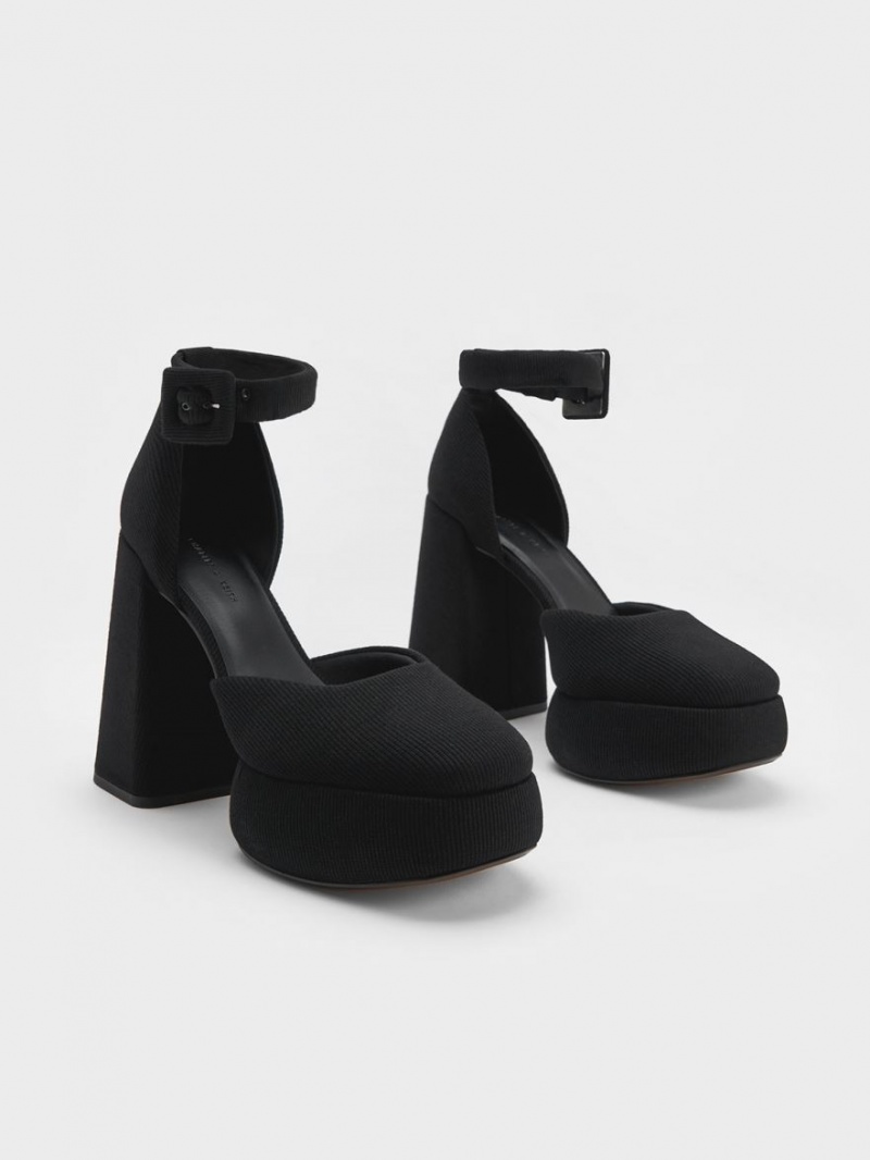 Charles And Keith Sinead Woven Buckled D'Orsay Platform Pumps Black | PHILIPPINES E032