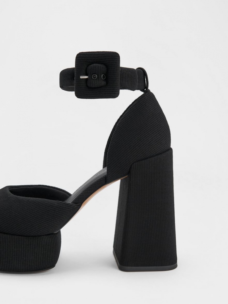 Charles And Keith Sinead Woven Buckled D'Orsay Platform Pumps Black | PHILIPPINES E032