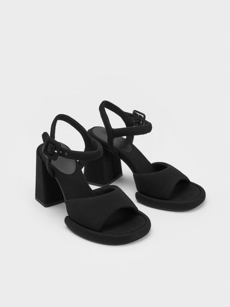 Charles And Keith Sinead Woven Trapeze Heel Buckled Heels Sandals Black | PHILIPPINES O384