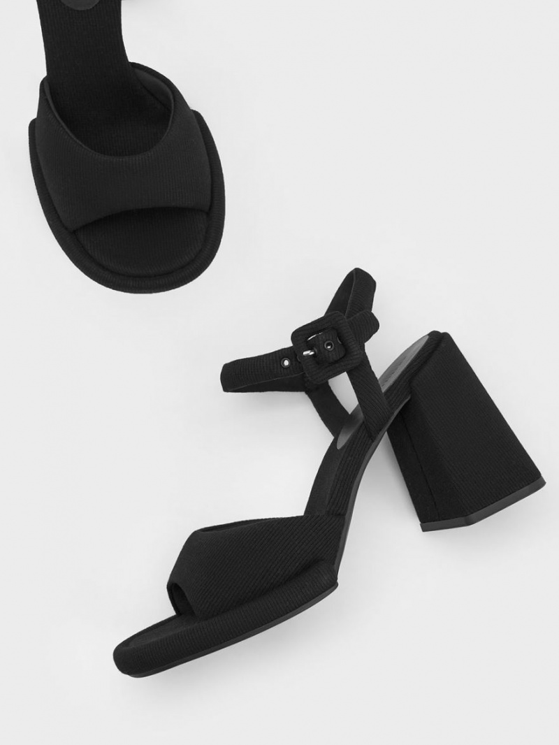 Charles And Keith Sinead Woven Trapeze Heel Buckled Heels Sandals Black | PHILIPPINES O384