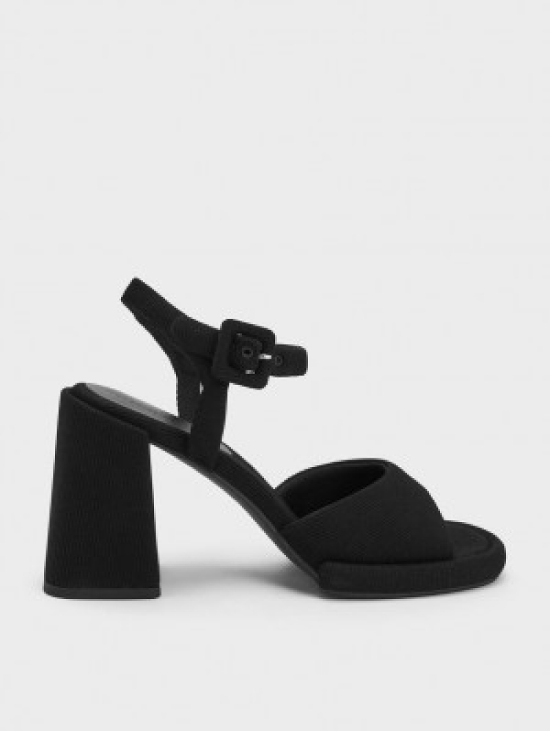 Charles And Keith Sinead Woven Trapeze Heel Buckled Heels Sandals Black | PHILIPPINES O384