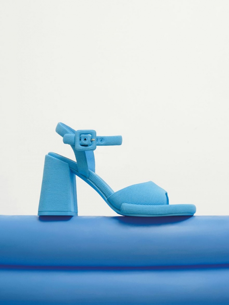 Charles And Keith Sinead Woven Trapeze Heel Buckled Heels Sandals Blue | PHILIPPINES Q108