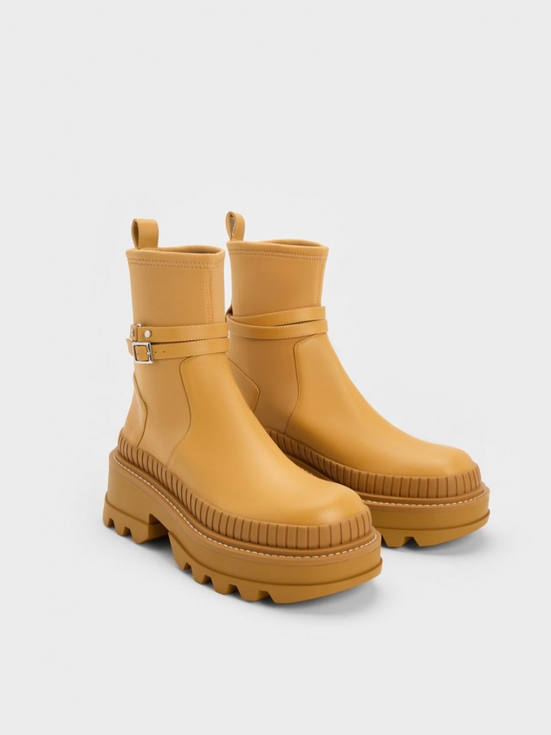 Charles And Keith Slip-On Platform Ankle Boots Mustard | PHILIPPINES Z670