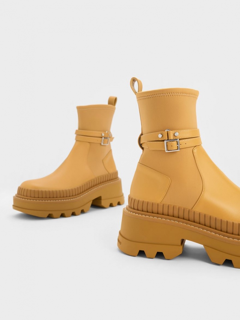 Charles And Keith Slip-On Platform Ankle Boots Mustard | PHILIPPINES Z670