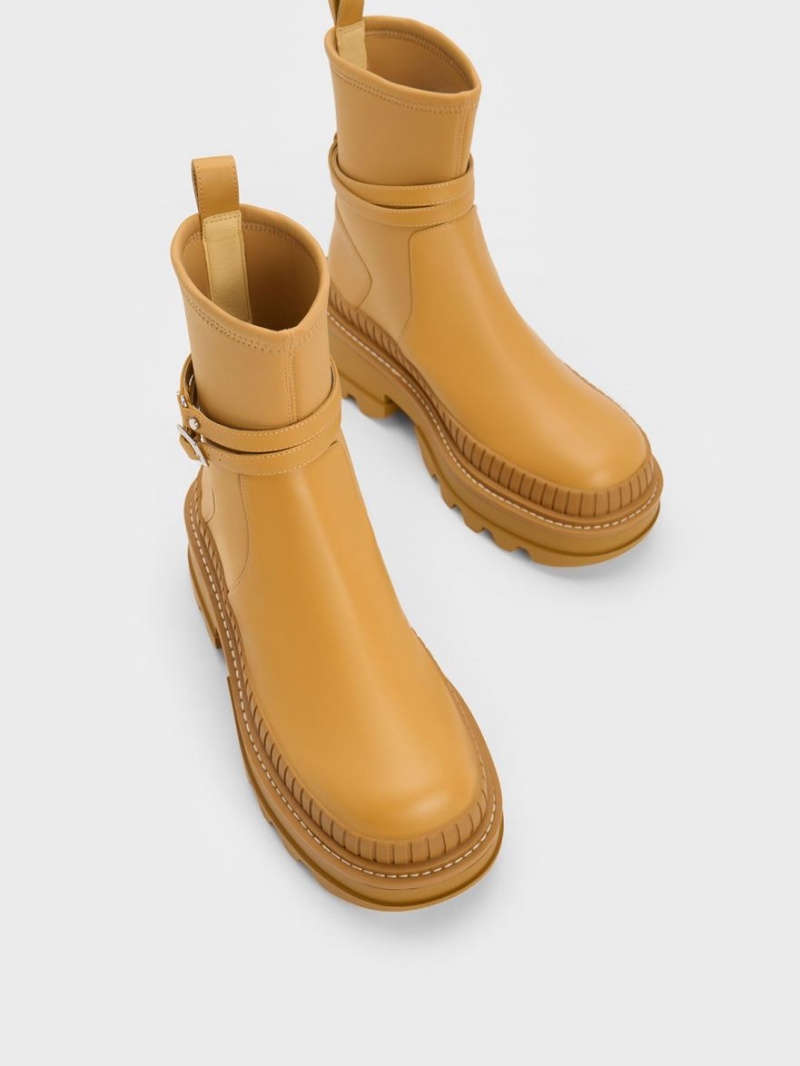 Charles And Keith Slip-On Platform Ankle Boots Mustard | PHILIPPINES Z670