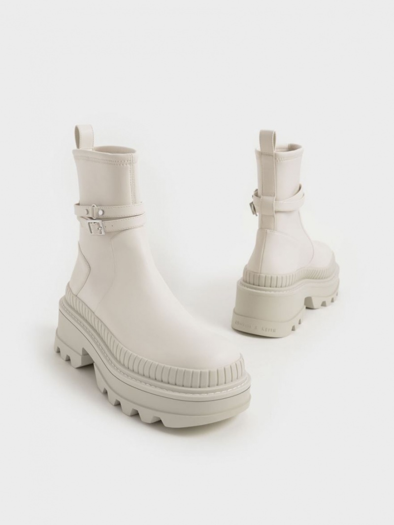 Charles And Keith Slip-On Platform Ankle Boots White | PHILIPPINES D834