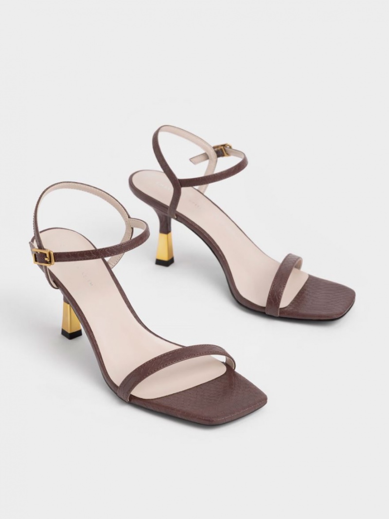 Charles And Keith Snake-Print Ankle-Strap Heels Sandals Brown | PHILIPPINES A698