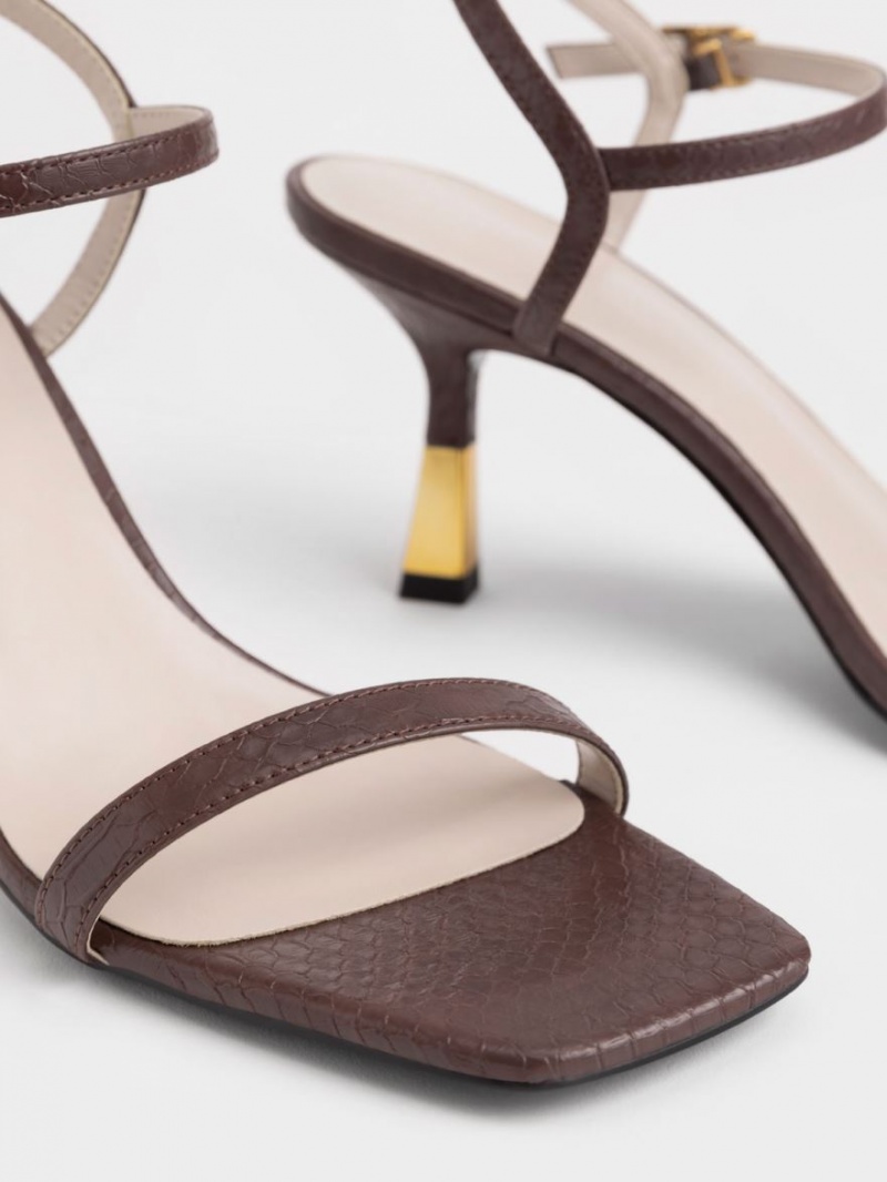 Charles And Keith Snake-Print Ankle-Strap Heels Sandals Brown | PHILIPPINES A698