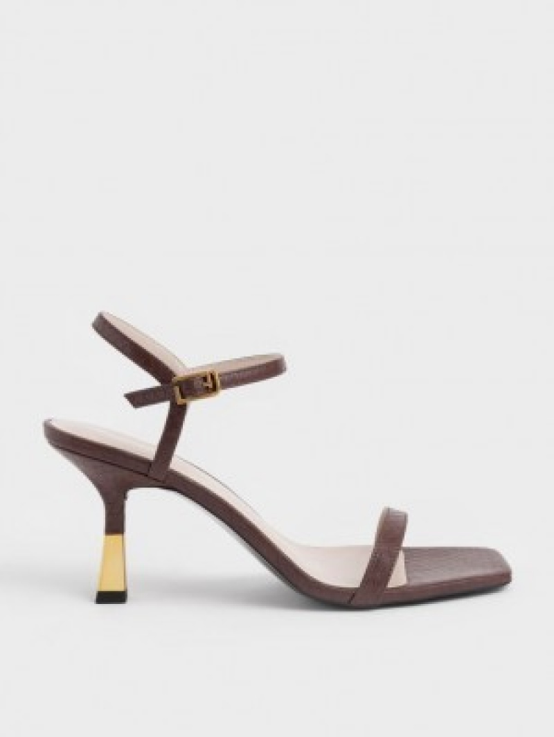 Charles And Keith Snake-Print Ankle-Strap Heels Sandals Brown | PHILIPPINES A698