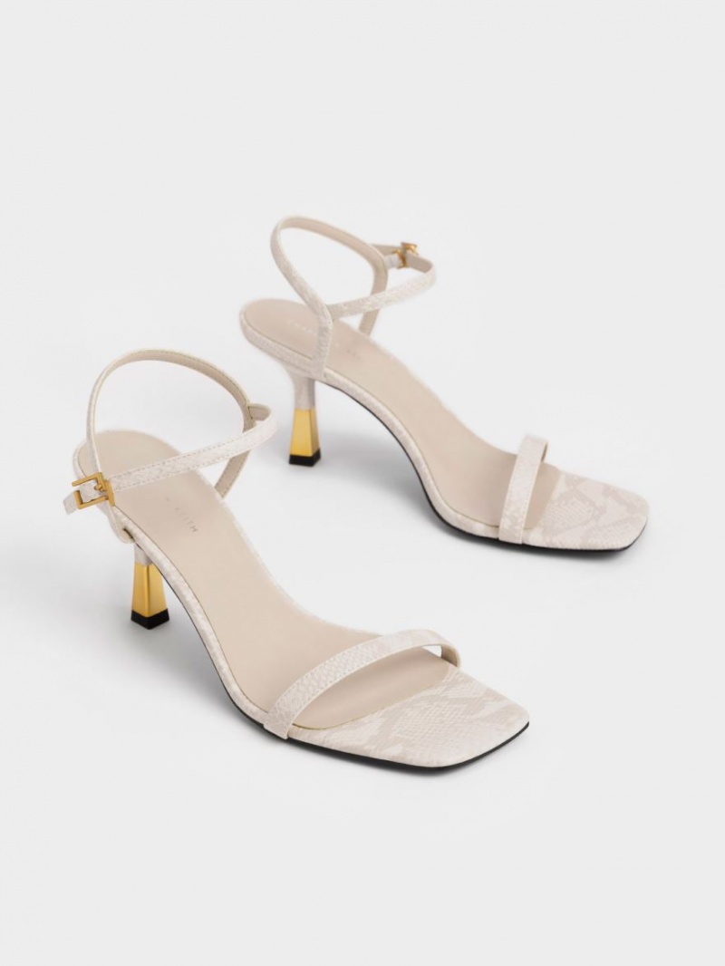 Charles And Keith Snake-Print Ankle-Strap Heels Sandals White | PHILIPPINES K074