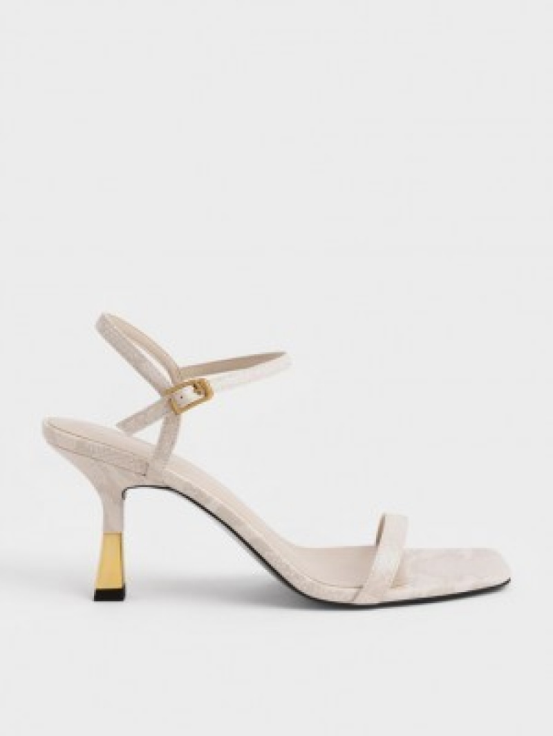 Charles And Keith Snake-Print Ankle-Strap Heels Sandals White | PHILIPPINES K074