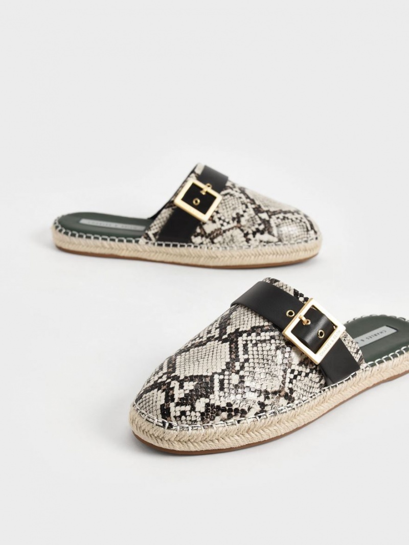 Charles And Keith Snake-Print Buckled Espadrille Mules Beige | PHILIPPINES D853