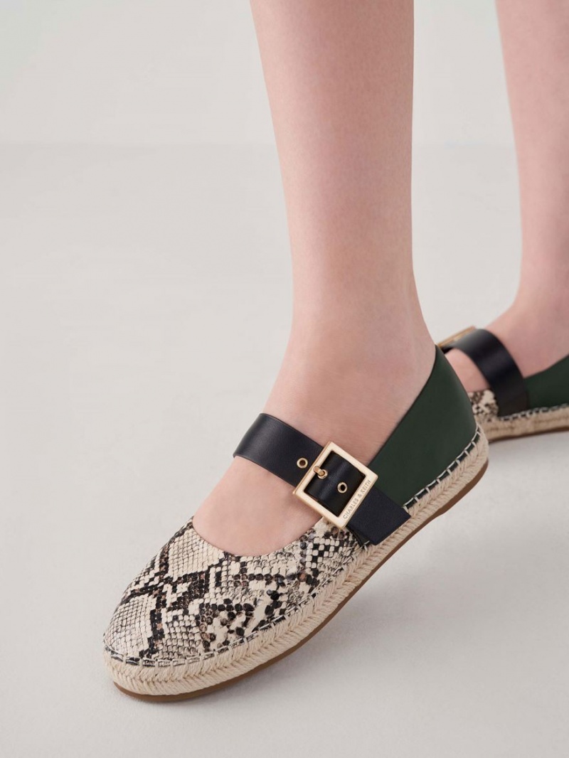 Charles And Keith Snake-Print Buckled Espadrille Flat Shoes Beige | PHILIPPINES J714