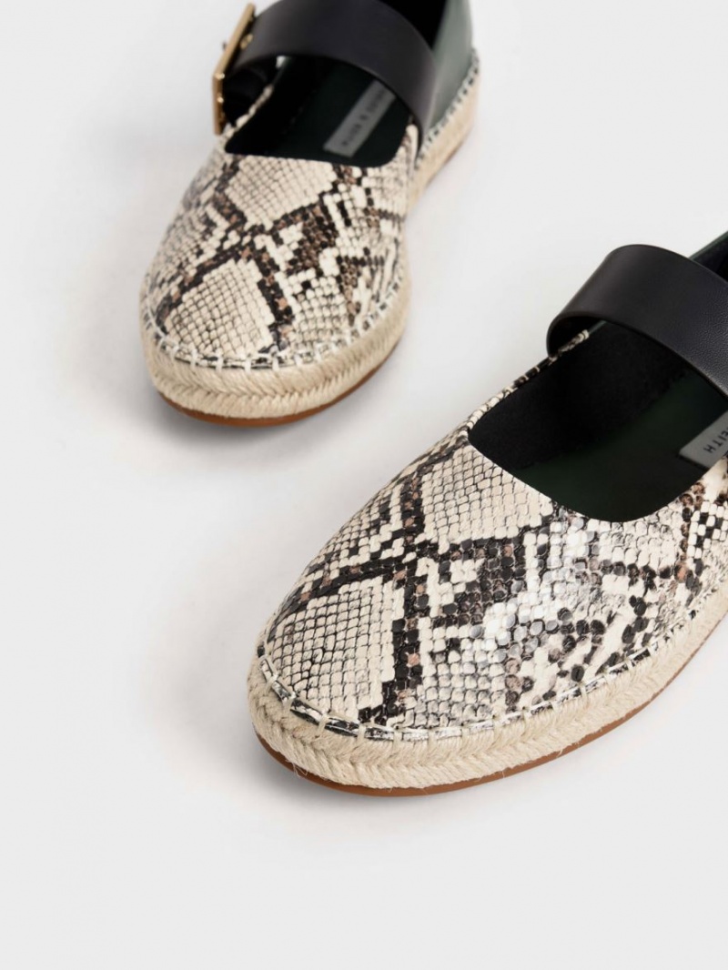 Charles And Keith Snake-Print Buckled Espadrille Flat Shoes Beige | PHILIPPINES J714