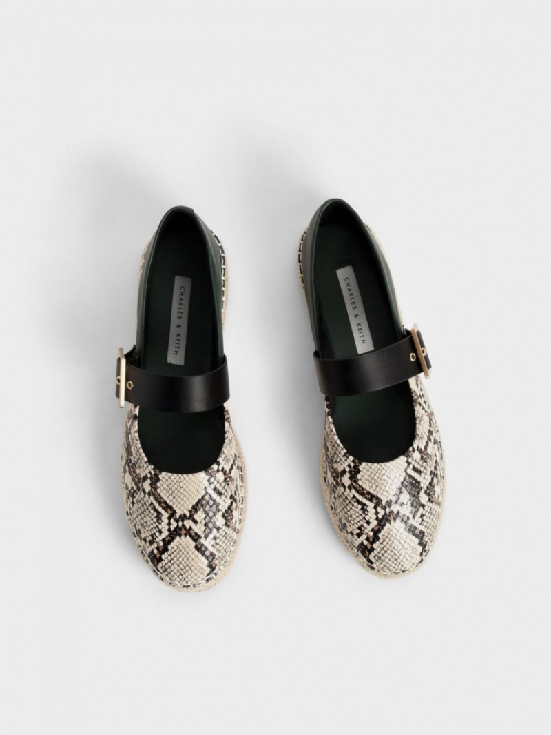 Charles And Keith Snake-Print Buckled Espadrille Flat Shoes Beige | PHILIPPINES J714