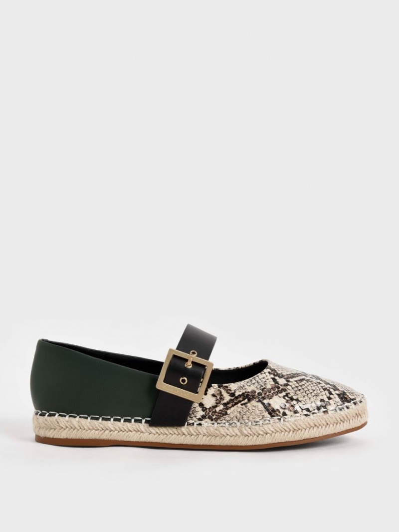 Charles And Keith Snake-Print Buckled Espadrille Flat Shoes Beige | PHILIPPINES J714