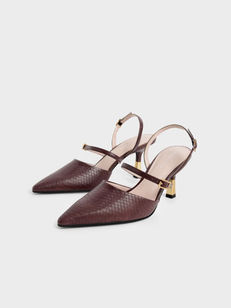 Charles And Keith Snake-Print Double Strap Slingback Pumps Brown | PHILIPPINES Y048