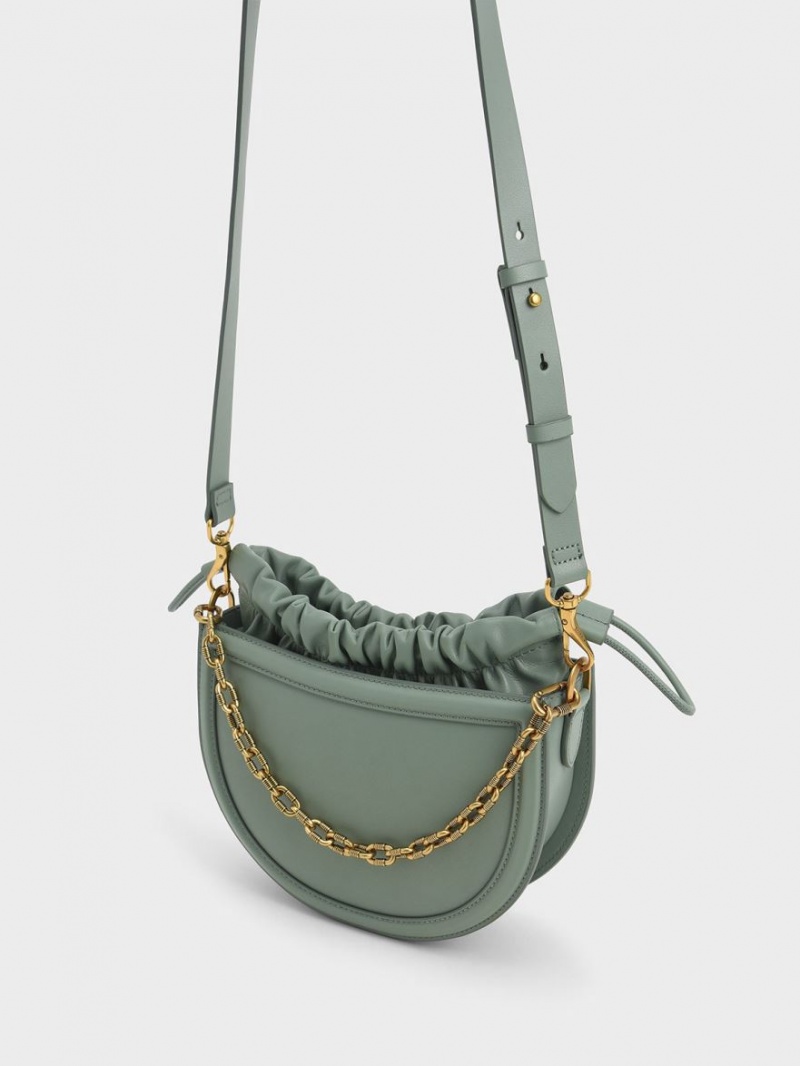 Charles And Keith Solange Ruched Chain Handle Crescent Tote Bags Olive | PHILIPPINES L412