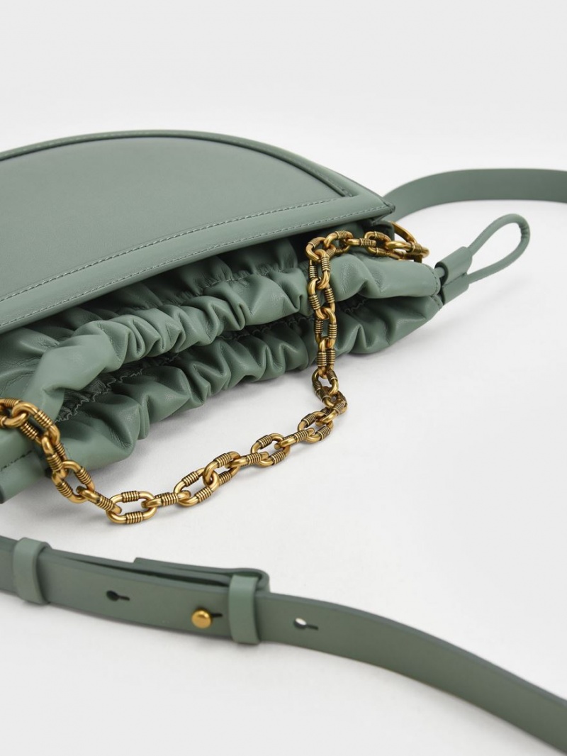 Charles And Keith Solange Ruched Chain Handle Crescent Tote Bags Olive | PHILIPPINES L412